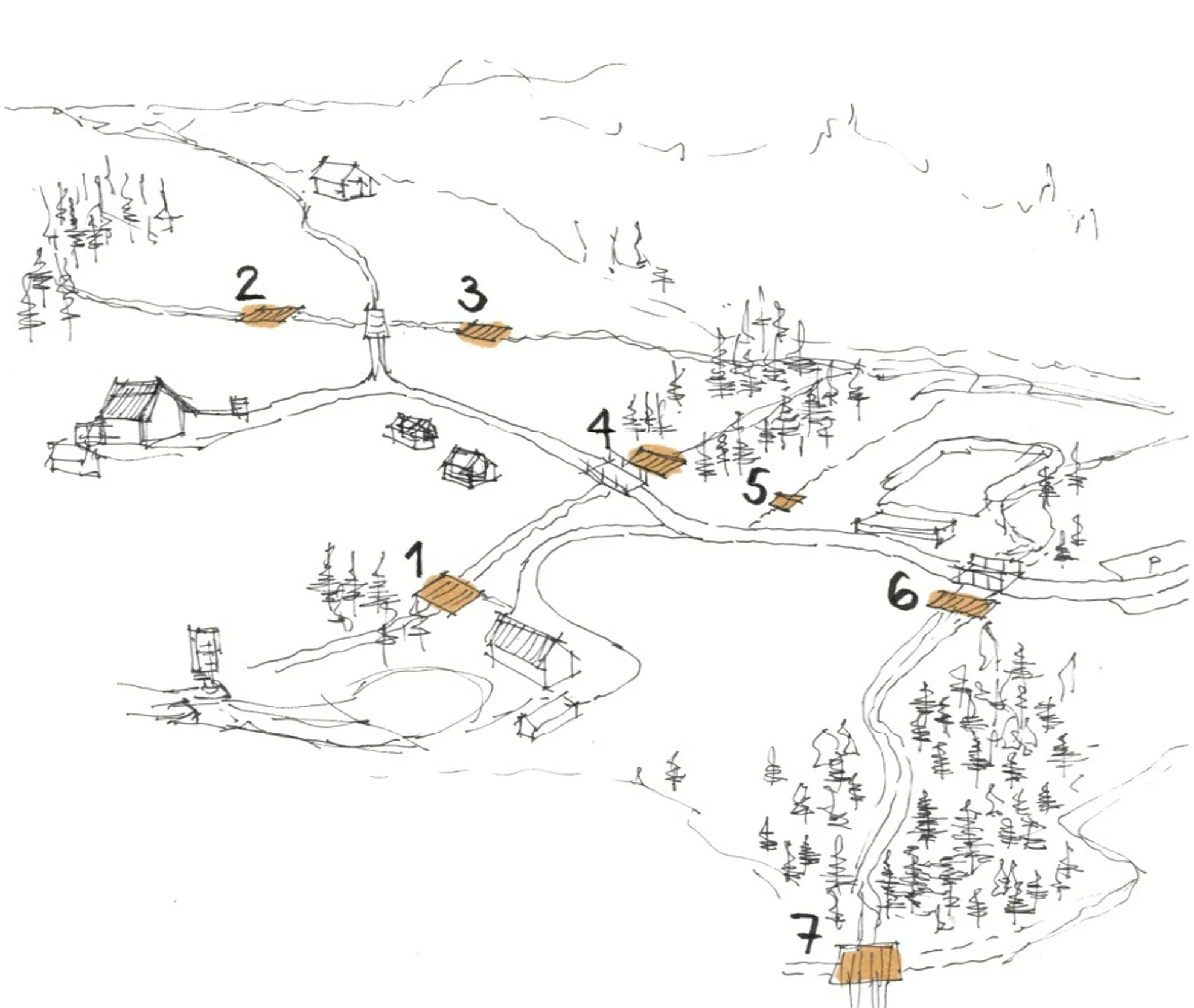 Skizzierung der Landschaft in der Eisenerzer Ramsau mit Aufzählung und Darstellung der neu errichteten Loipenbrücken.